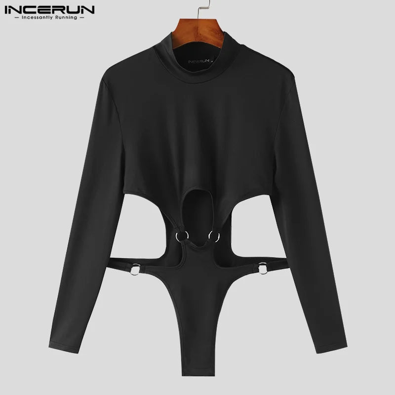 INCERUN hommes body solide évider col roulé à manches longues mode barboteuses Streetwear Sexy 2023 mâle irrégulier body S-5XL 