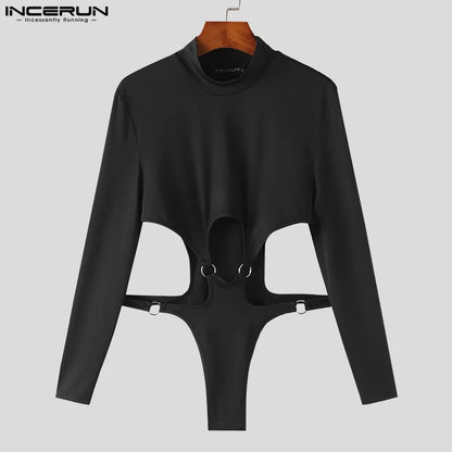 INCERUN Men Bodysuits Solid Hollow Out Turtleneck Long Sleeve Fashion Rompers Streetwear Sexy 2023 Male Irregular Bodysuit S-5XL