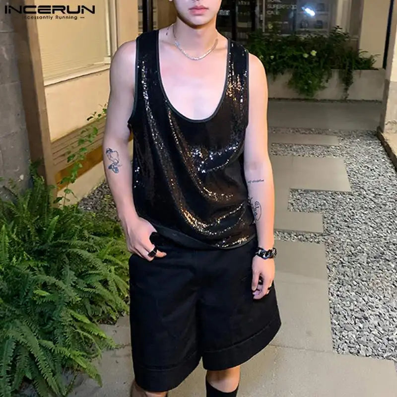 INCERUN Men Tank Tops Sequins Patchwork Shiny O-neck Sleeveless Loose Vests Streetwear 2024 Fashion Casual Men Clothing S-5XL