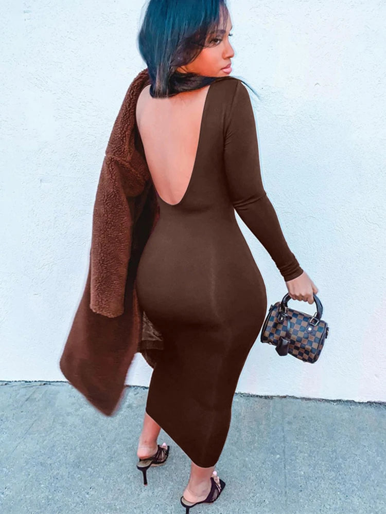 Dulzura – robe Maxi marron à manches longues, dos nu, moulante, slim, Sexy, longue, Streetwear, tenues de fête, automne hiver 