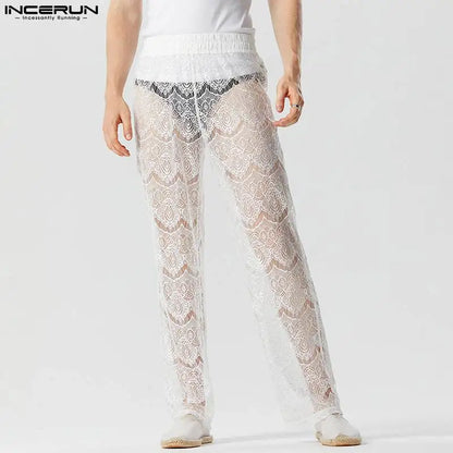 INCERUN – Pantalon en dentelle pour hommes, maille transparente, taille élastique, Sexy, vacances, Streetwear, ample, mode 2023, S-5XL 