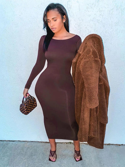 Dulzura – robe Maxi marron à manches longues, dos nu, moulante, slim, Sexy, longue, Streetwear, tenues de fête, automne hiver 