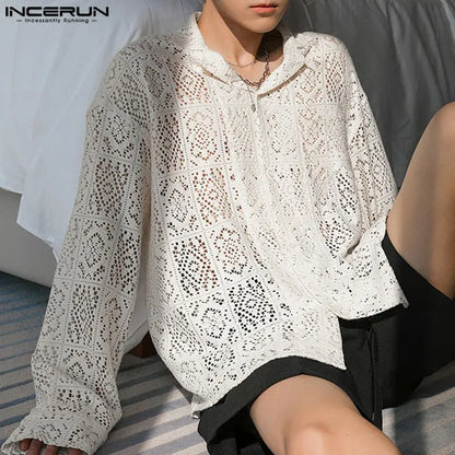 INCERUN 2024 Men Shirt Lace Streetwear Lapel Long Sleeve Men Clothing Sexy Loose Hollow Out Transparent Fashion Casual Shirts