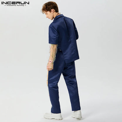 2023 conjuntos para hombre bordado de malla ropa informal con diseño de varias telas solapa manga larga Blazer y pantalones 2 uds moda trajes casuales para hombres S-5XL INCERUN 