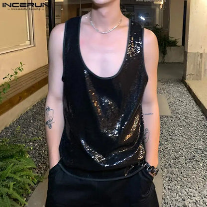 INCERUN Men Tank Tops Sequins Patchwork Shiny O-neck Sleeveless Loose Vests Streetwear 2024 Fashion Casual Men Clothing S-5XL