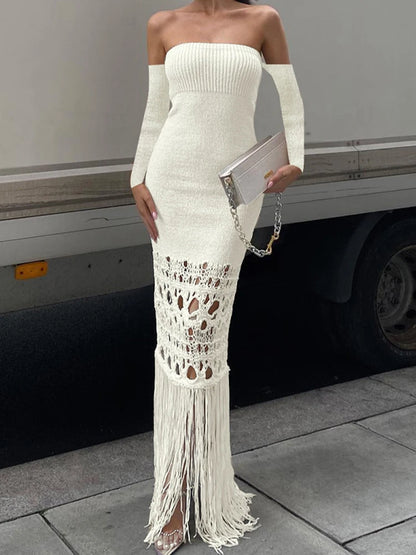 Dulzura Long Sleeve Off Shoulder Knitted Tassel Midi Dress For Women Bodycon Sexy Hollow Out Long Dress Streetwear Party Elegant