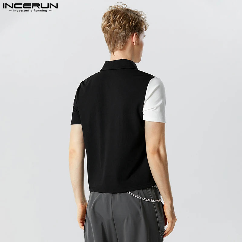 Fashion Men T Shirt Patchwork Lapel Short Sleeve Summer Casual Men Clothing Hollow Out Streetwear 2023 Crop Tops S-5XL INCERUN