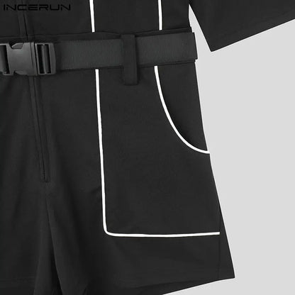 Men Rompers Patchwork Lapel Short Sleeve Zipper Streetwear Jumpsuits With Belt Shorts 2023 Fashion Casual Male Playsuits INCERUN