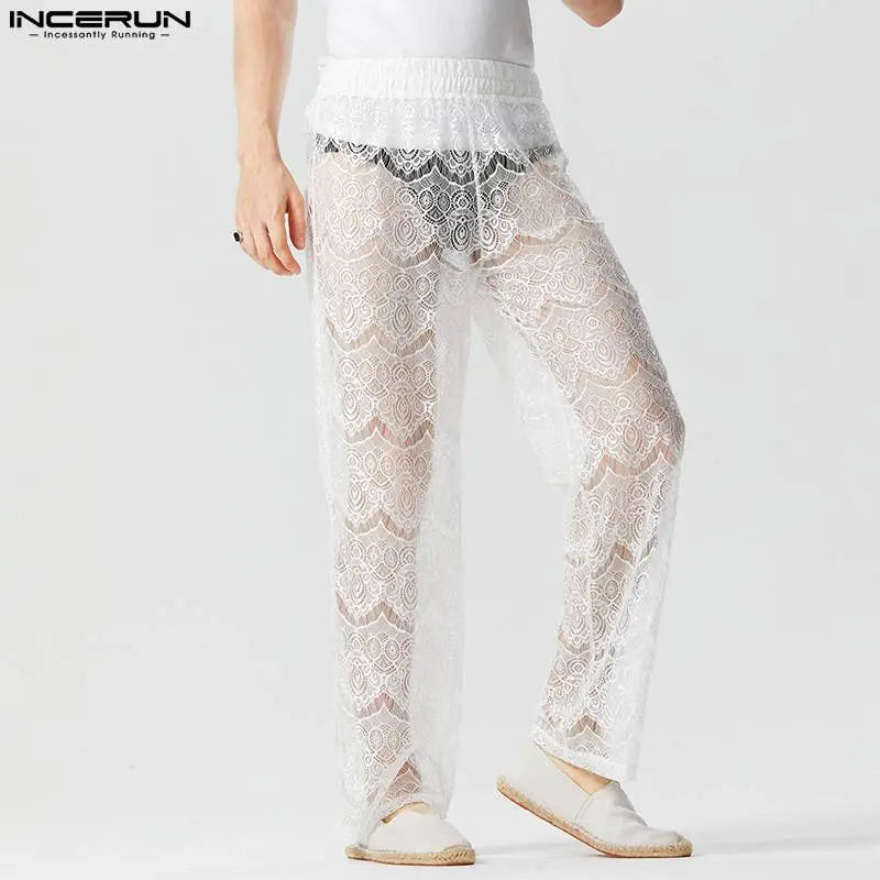 INCERUN – Pantalon en dentelle pour hommes, maille transparente, taille élastique, Sexy, vacances, Streetwear, ample, mode 2023, S-5XL 