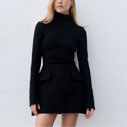 Half Turtleneck Split Cuff Pocket Skirt