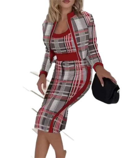 Printed Long Sleeve Coat Vest Plus Skirt Three-piece Suit