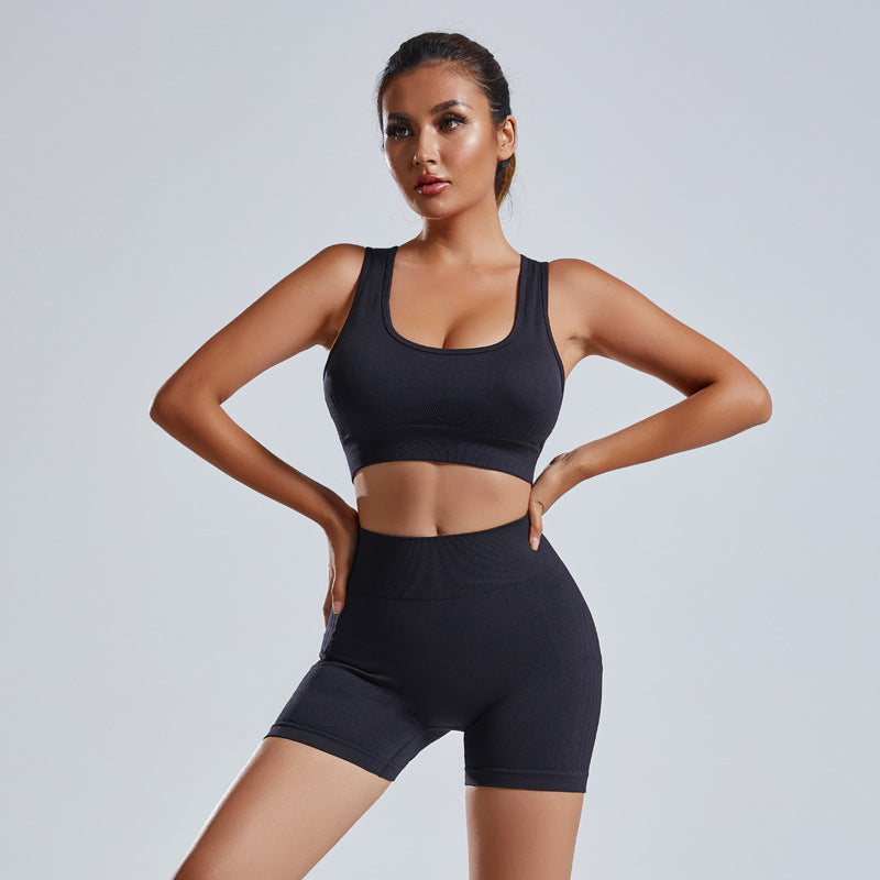 Women Plain Short Sleeve Sports Fitness Yoga 2pcs Set Crop Tops + Shorts