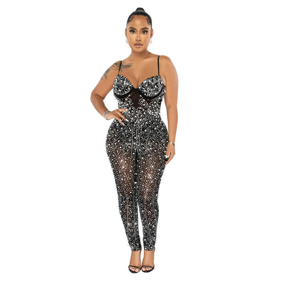 Women's Wear Pure Color Mesh Rhinestone Sleeveless Trousers Jumpsuit