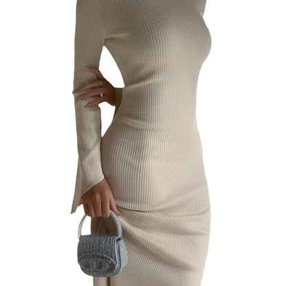 Autumn And Winter Long Sleeve Knitted European And American Fashion Backless Round Neck Dress