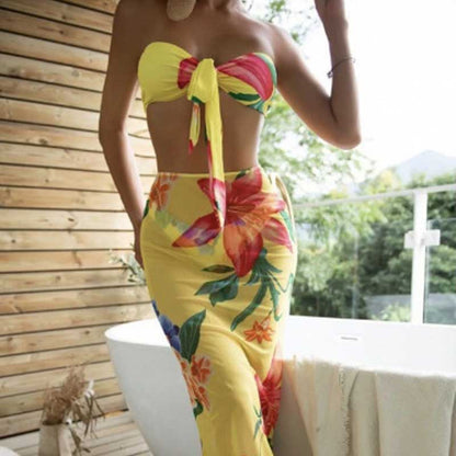 Printed Bikini Sexy Swimsuit Women's Three-piece Set Tulle Skirt