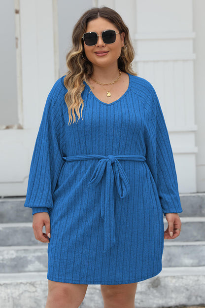 Robe Pull Côtelée Nouée sur le Devant à Manches Longues de Grande Taille