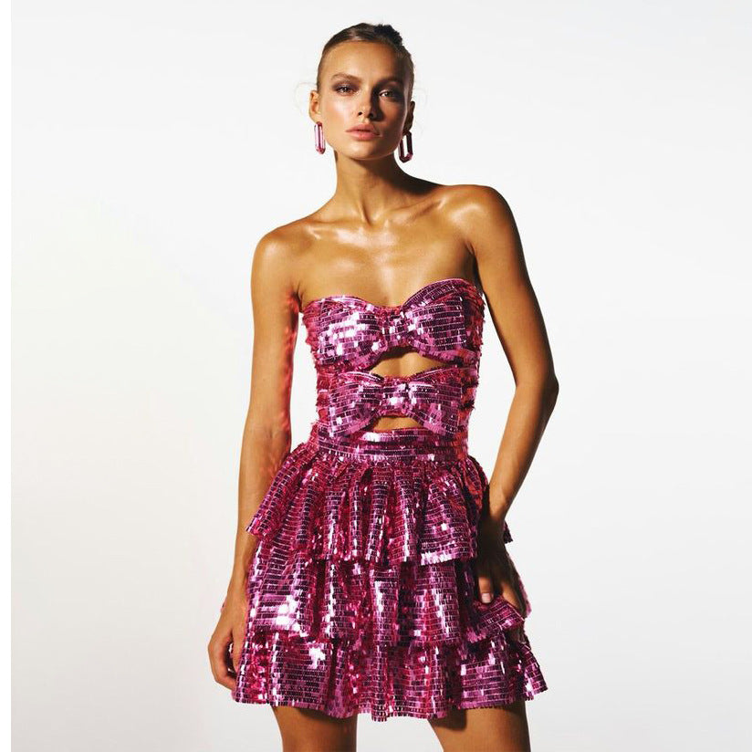 Women's Hollow Pleated Bow Square Sequins Dress