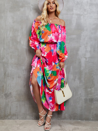 Printed Off-Shoulder Balloon Sleeve Tiered Dress