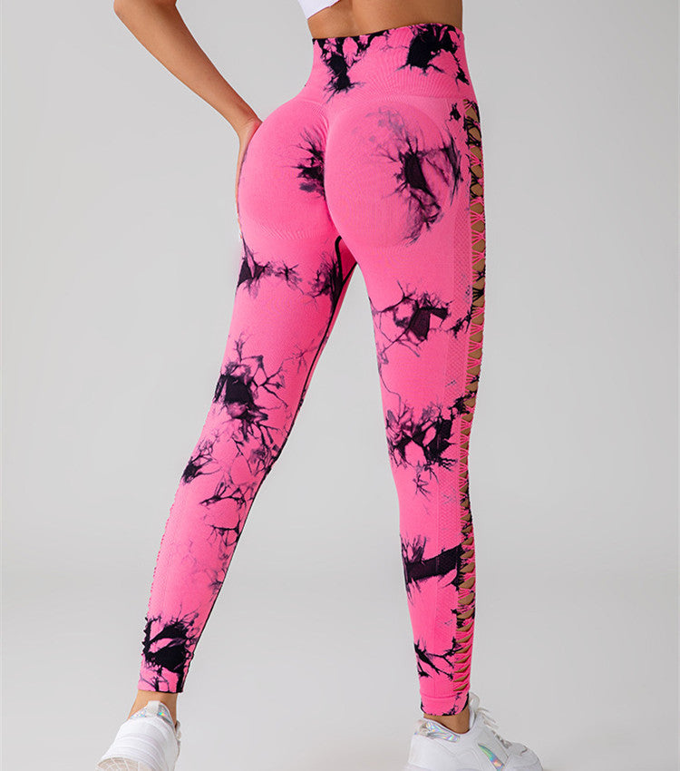 Pantalones de Yoga con estampado de tinte de corbata calado para mujer, mallas deportivas sin costuras con realce de glúteos y cintura alta, pantalones ajustados para gimnasio y Fitness