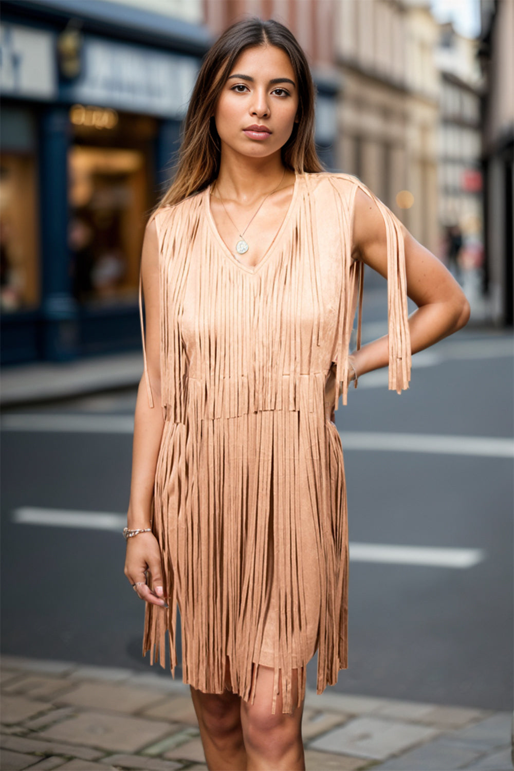 Full Size Fringe V-Neck Sleeveless Mini Dress