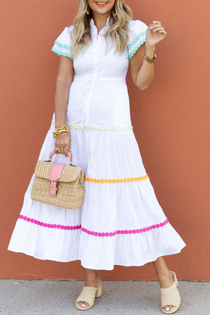 White High Waist Short Sleeve Tiered Shirt Dress