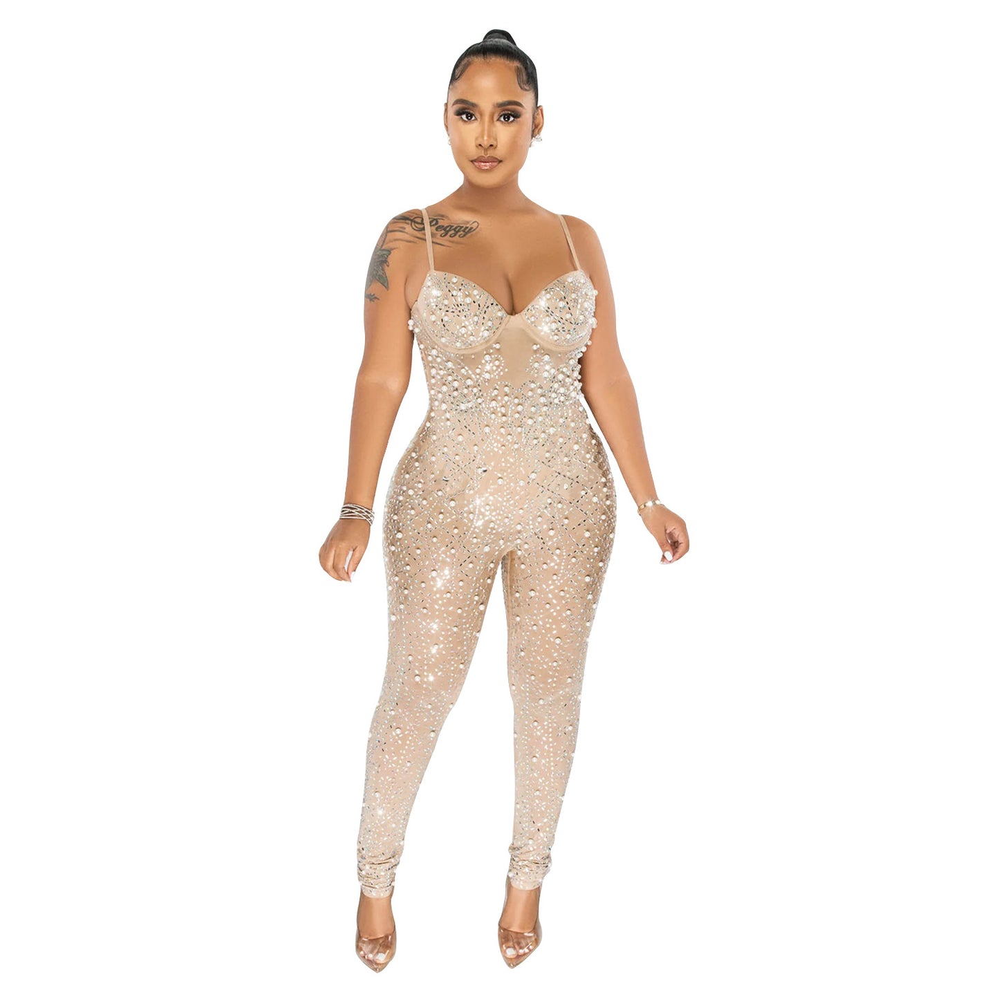 Women's Wear Pure Color Mesh Rhinestone Sleeveless Trousers Jumpsuit