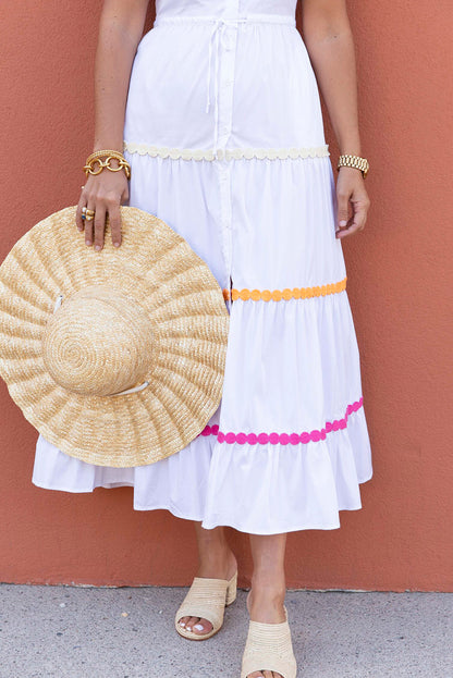 Vestido camisero escalonado de manga corta y cintura alta blanco