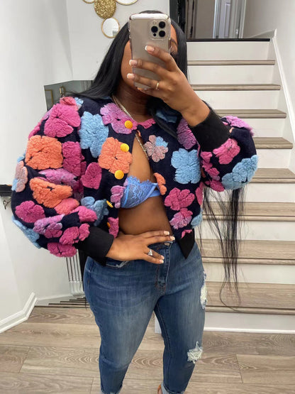 Manteau Acquard à fleurs tridimensionnelles rétro pour femmes