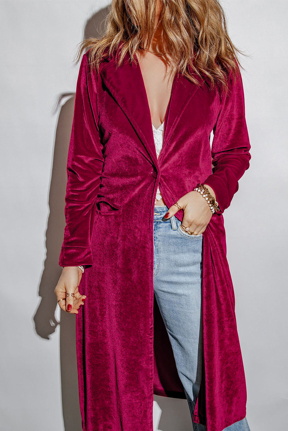 Cardigan long en velours à col et poches