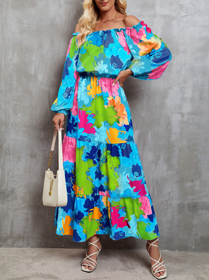 Printed Off-Shoulder Balloon Sleeve Tiered Dress