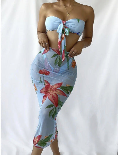 Printed Bikini Sexy Swimsuit Women's Three-piece Set Tulle Skirt