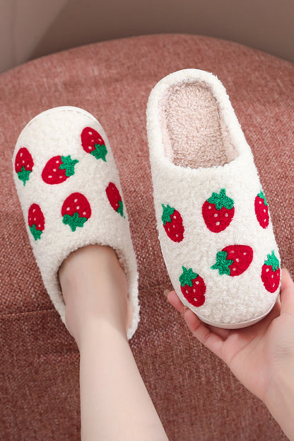 Chaussons de maison à motif de fraise floue, blanc brillant, mignons