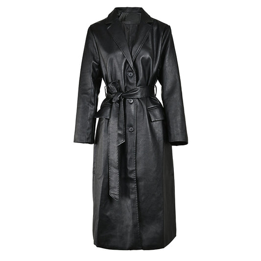 Abrigo ajustado con temperamento de cuero PU negro fino para ir al trabajo cortavientos largo de alta calidad para ocio
