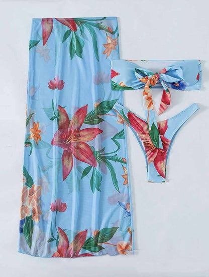 Bikini estampado Traje de baño sexy Conjunto de tres piezas para mujer Falda de tul