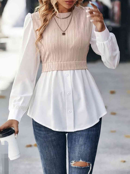 Blouse contrastée à col rond et manches bouffantes