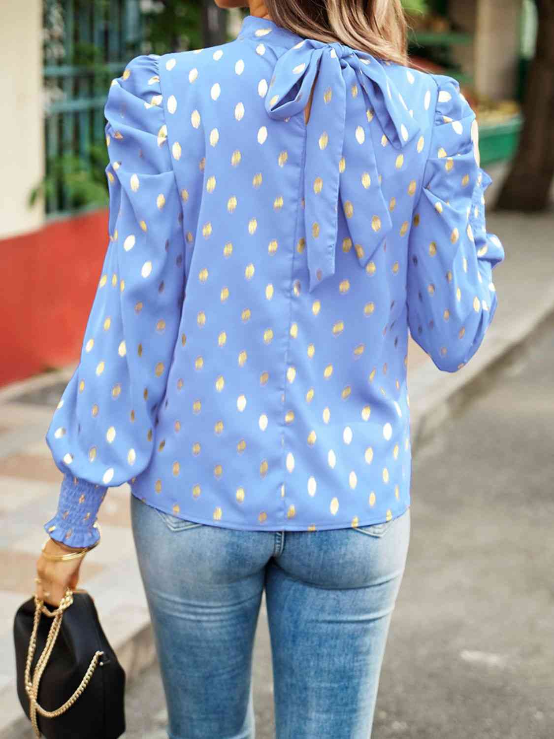 Printed Mock Neck Lantern Sleeve Blouse