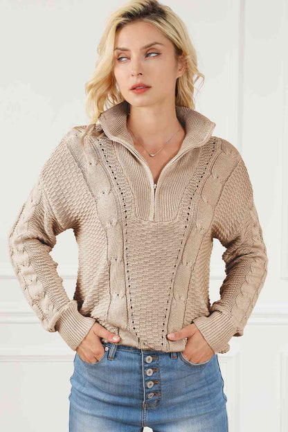 Pull à manches longues et demi-zip en tricot torsadé