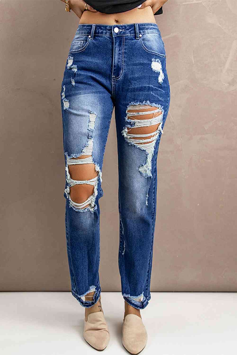 Baeful Distressed High-Rise Jeans with Pockets