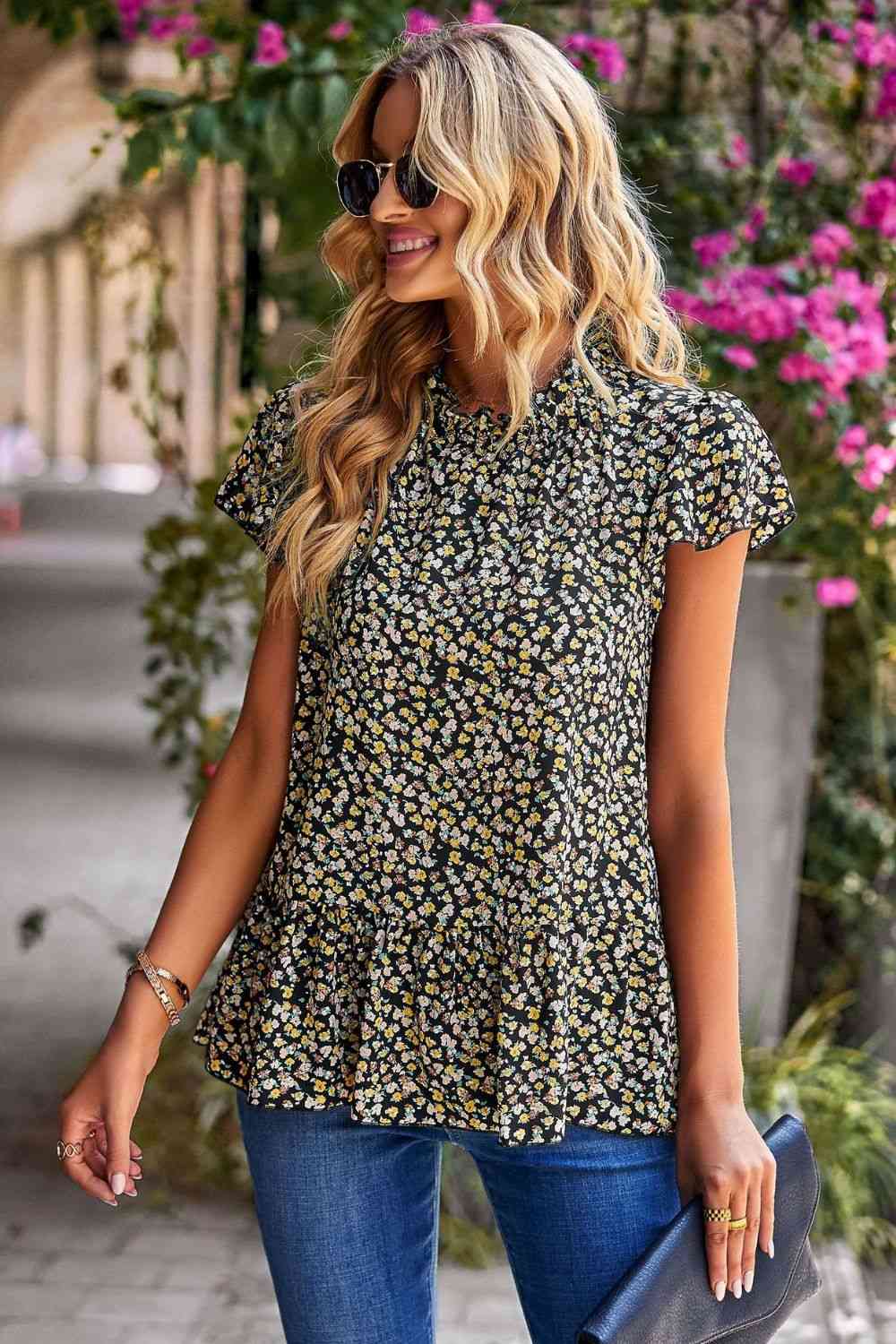 Top peplum de manga corta floral