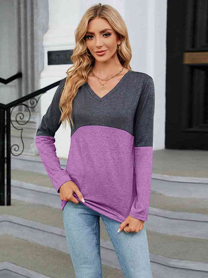 V-Neck Long Sleeve Two-Tone T-Shirt