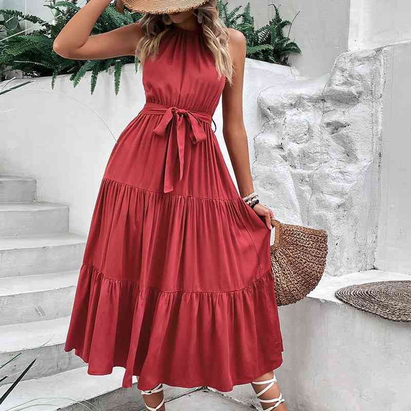 Tie Belt Tiered Midi Dress