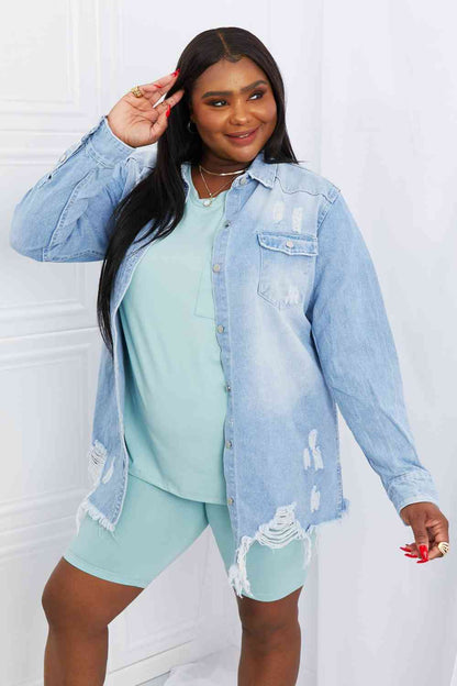 American Bazi Veste en jean à ourlet brut vieilli pleine taille