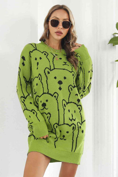 Vestido tipo suéter con cuello redondo y estampado de oso