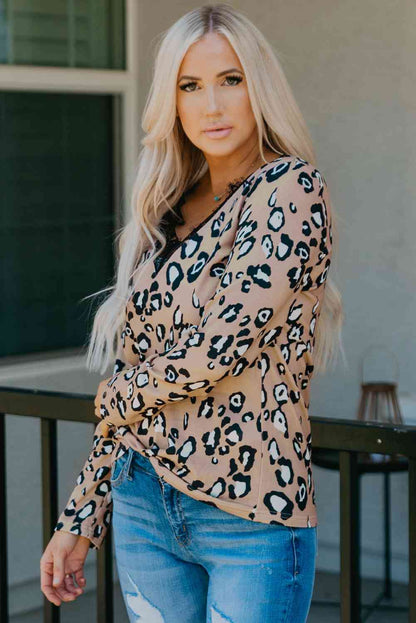 Leopard Print Lace Trim V-Neck Top