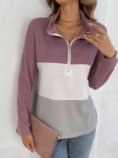 Double Take Color Block Dropped Shoulder Waffle-Knit Zipper Front Blouse