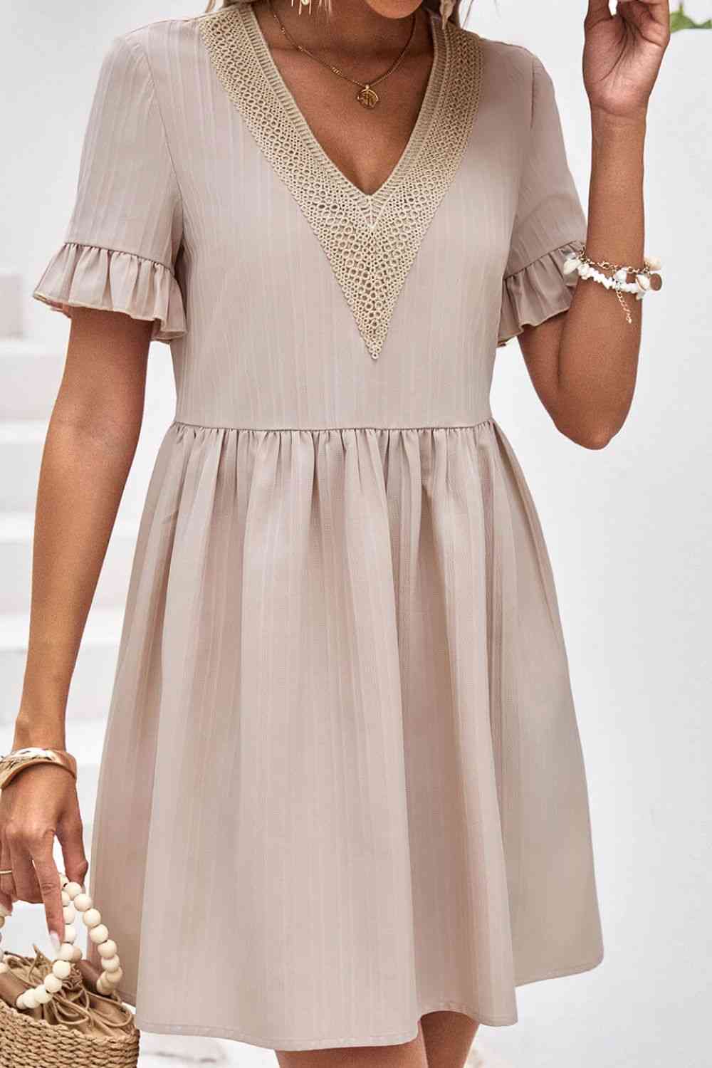 V-Neck Flounce Sleeve A-Line Dress