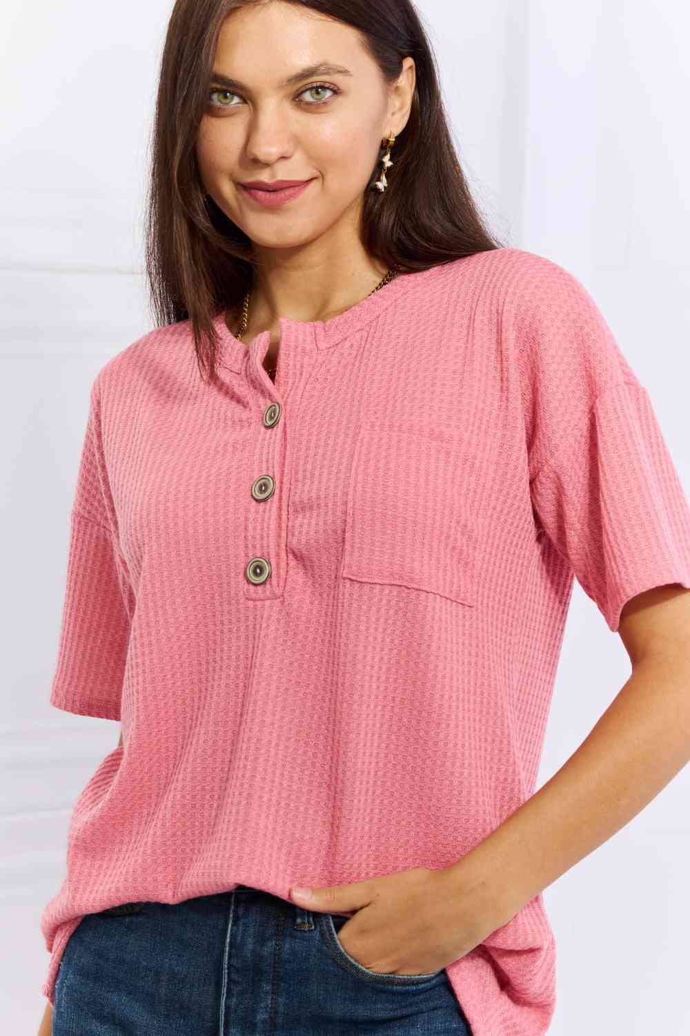 Heimish Made For You Full Size 1/4 Button Down Waffle Top in Coral