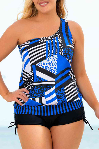 Ensemble de Tankini à Une Epaule Nouée en Patchwork de Grande Taille