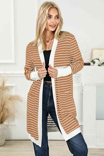 Cardigan long rayé ouvert sur le devant