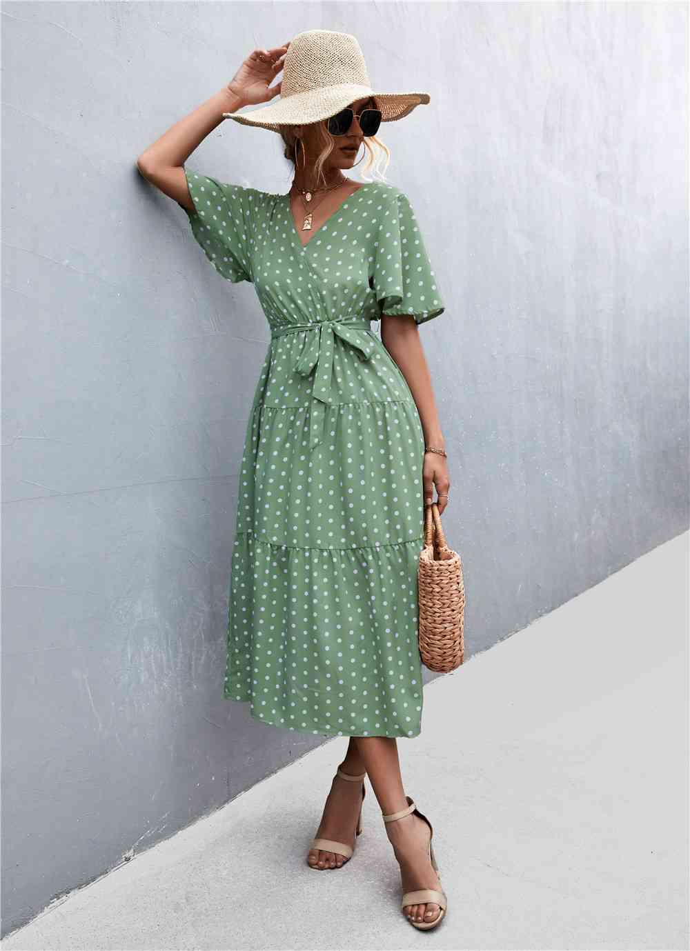 Printed V-Neck Flutter Sleeve Belted Dress